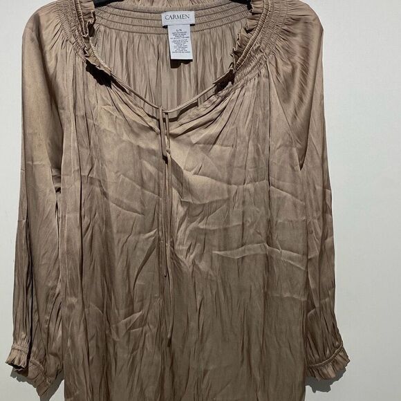 Carmen Marc Valvo Women's Taupe Tan Ruffles Neck Tie Satin Blouse Top Large - Picture 1 of 8
